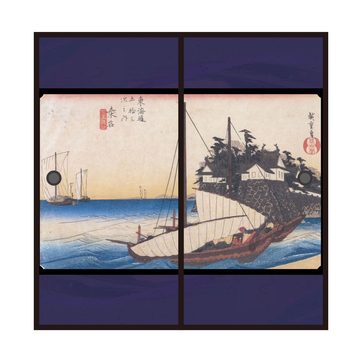 浮世絵 ふすま紙 東海道五十三次 歌川広重 桑名宿 七里渡口 2枚1組 水で貼るタイプ 幅91cm×長さ182cm 襖紙 JTB-043F
