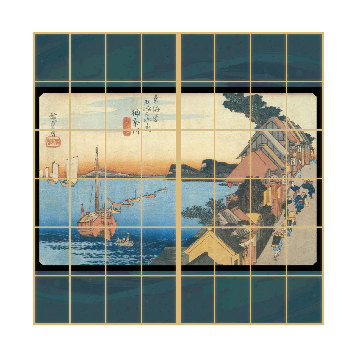 浮世絵 障子紙 東海道五十三次 歌川広重 神奈川宿 台之景 2枚1組 のりで貼るタイプ 幅91cm×長さ182cm JTB-004S