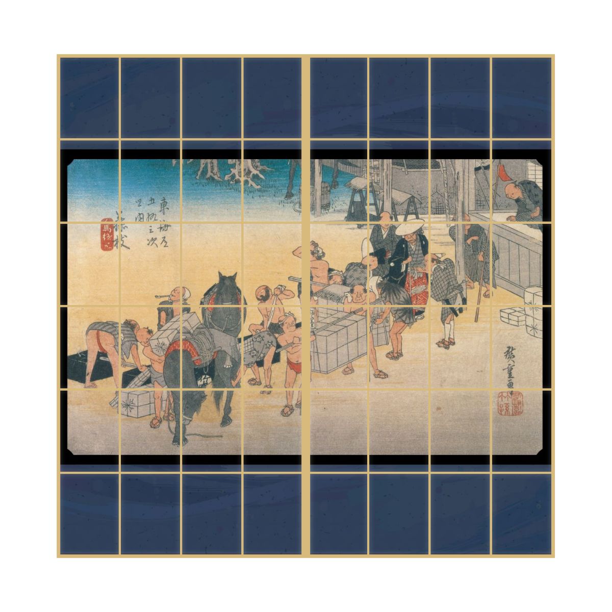 浮世絵 障子紙 東海道五十三次 歌川広重 藤枝宿 人馬継立 2枚1組 のりで貼るタイプ 幅91cm×長さ182cm JTB-023S