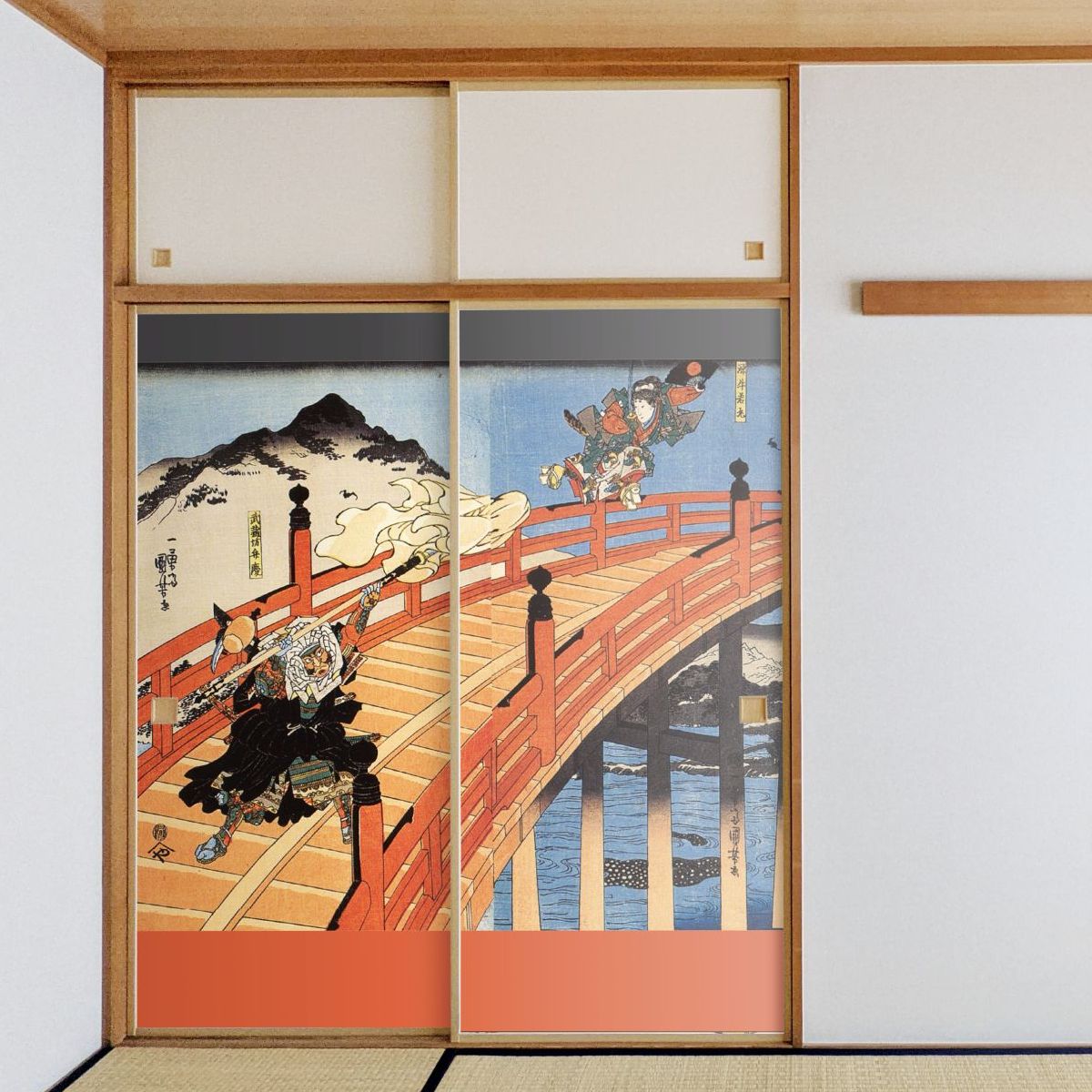 浮世絵 ふすま紙 歌川国芳 義経一代記 五条ノ橋之図 2枚1組 水で貼るタイプ 幅91cm×長さ182cm 襖紙 JUK_006F