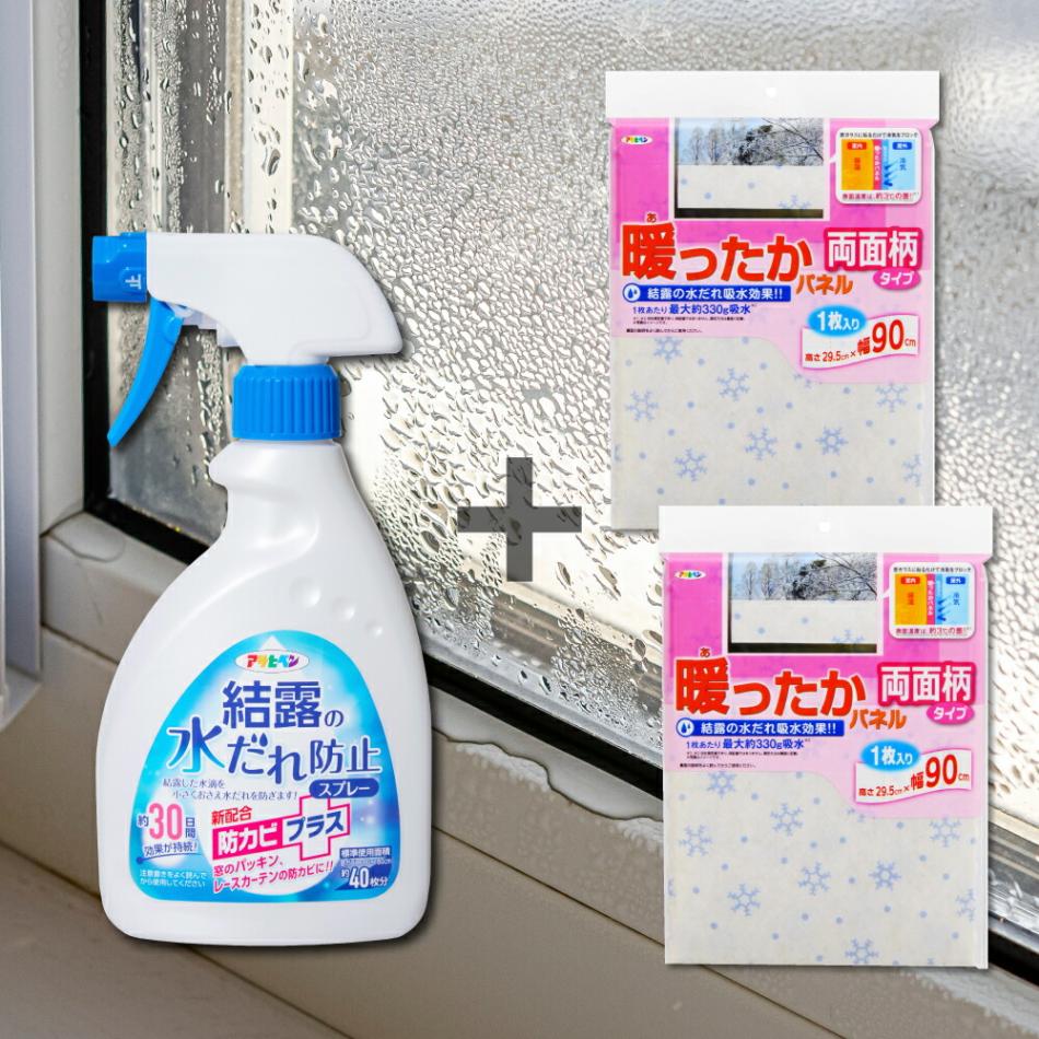 ＼OUTLETセール 廃番品特価販売 在庫限り／結露対策セット 結露の水だれ防止スプレー 防カビプラス ハンドスプレー 400ml 1本 暖ったかパネル両面柄 29.5cm×90cm （1枚入り×2セット）