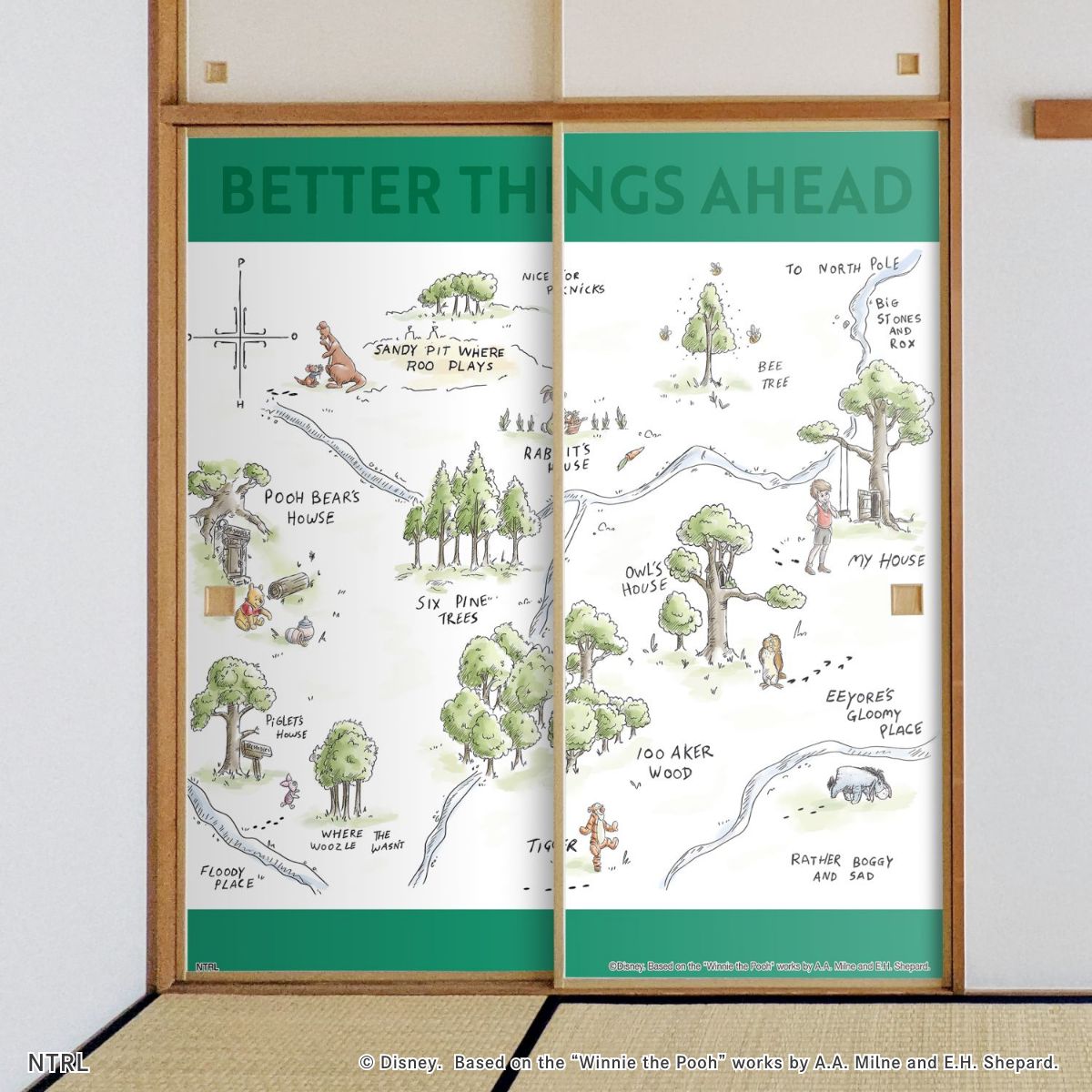 くまのプーさん ディズニーキャラクター ふすま紙 100エーカーの森 NTLD-047F 水で貼るタイプ 再湿 襖紙 幅約92cm×長さ約182cm 2枚1組 アサヒペン