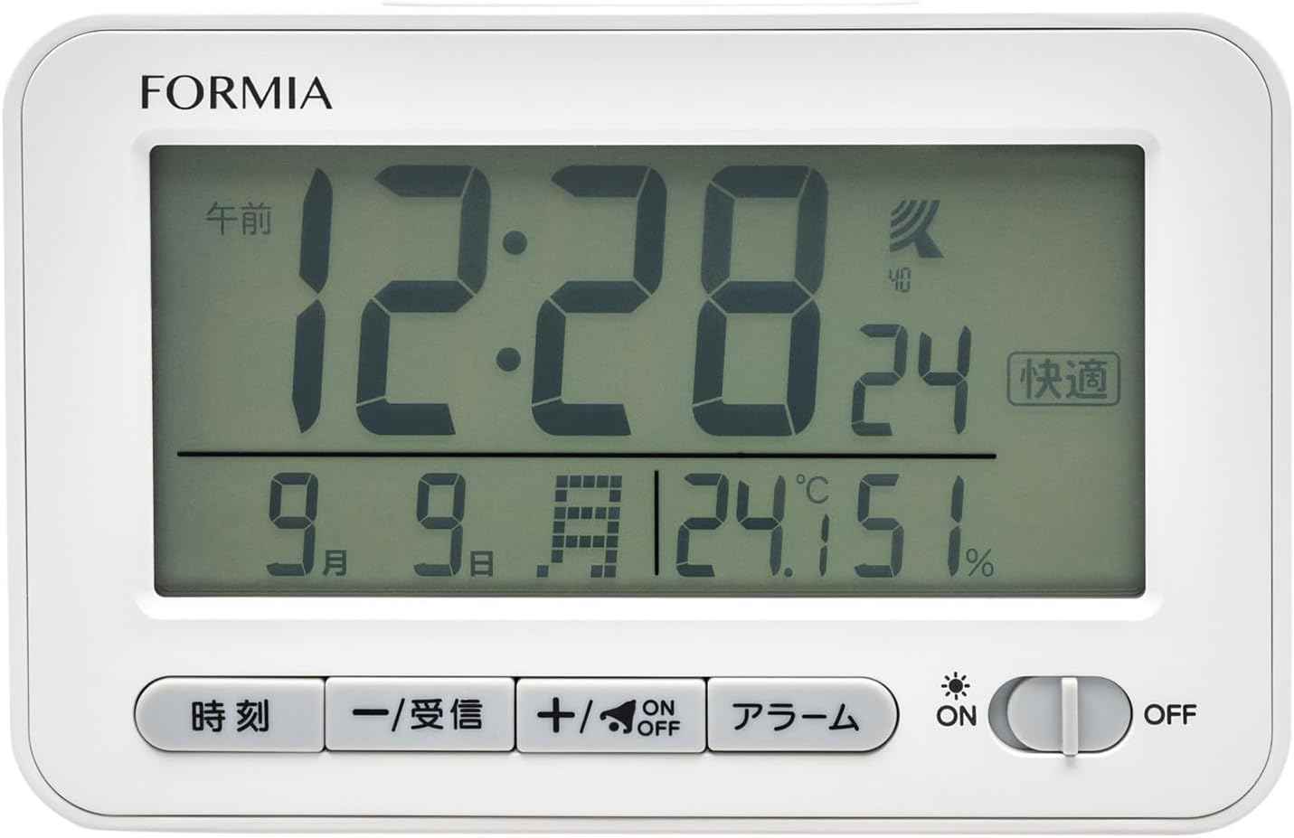 目覚まし時計 電波 デジタル フォルミア ホワイト 白 幅12×奥行5.3×高7.8cm スヌーズ 温湿度計 ライト 自動点灯 HT-039RC