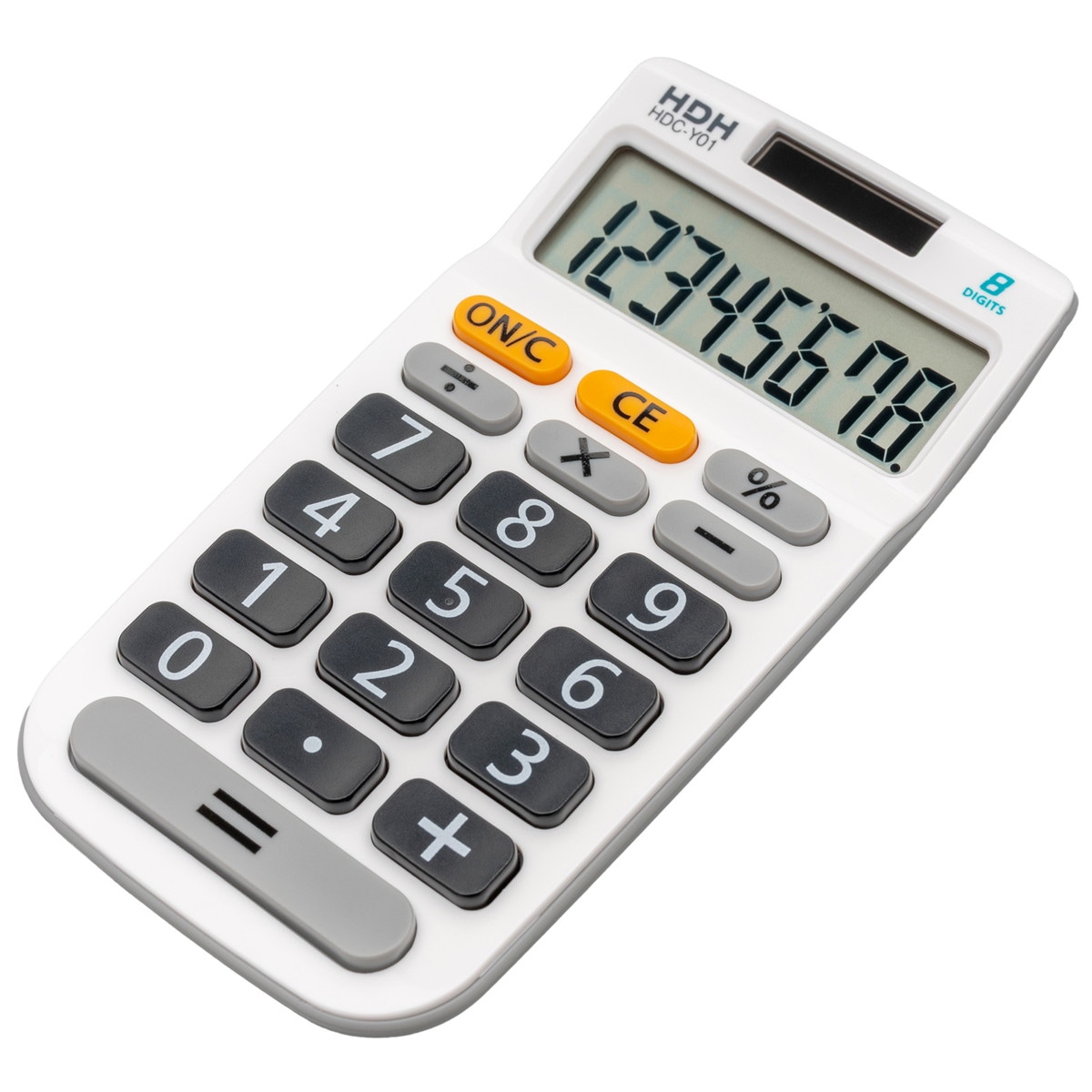 電卓 計算機 8桁 ホワイト 白 幅7.2×高さ13.7×奥行1.7cm 小型 ソーラー シンプル ボタンが大きい 押しやすい HDC-Y01