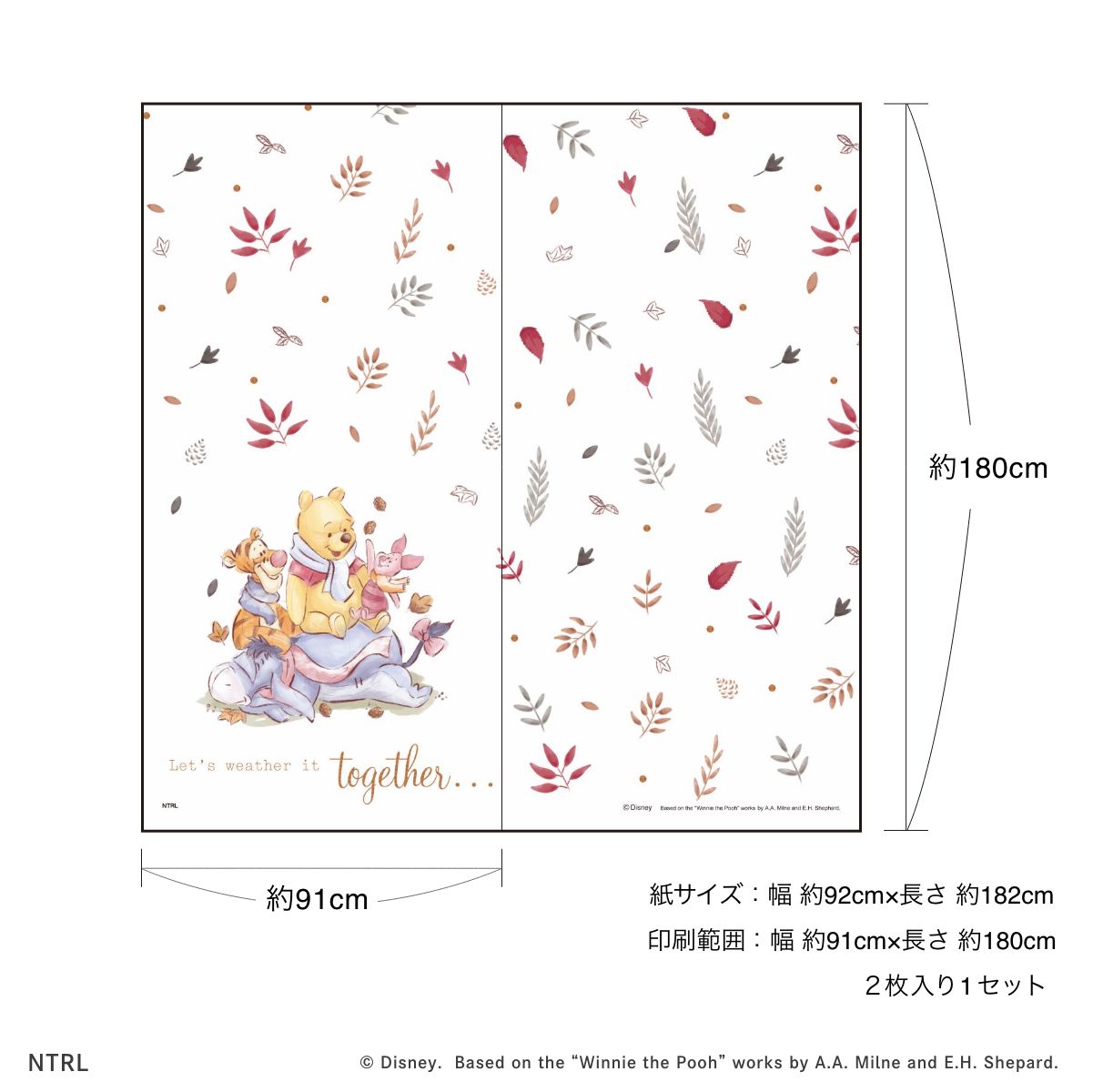 くまのプーさん ディズニーキャラクター 障子紙  オータム  NTLWP-001S のりで貼るタイプ 幅約92cm×長さ約182cm 2枚1組 アサヒペン