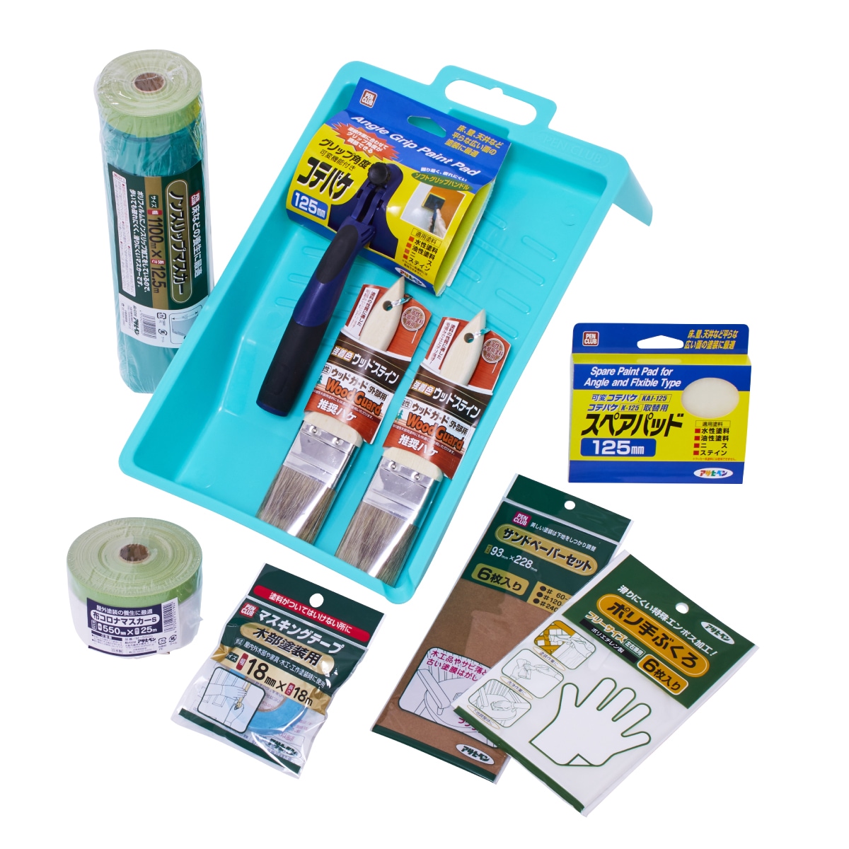 塗装用品セット 塗装道具 木部塗装 コテバケ10点セット 油性塗料用 ペイントセット 刷毛 ハケ 養生用品 油性ペンキ DIYセット 木材 木製品 家具 GKSP-10 アサヒペン