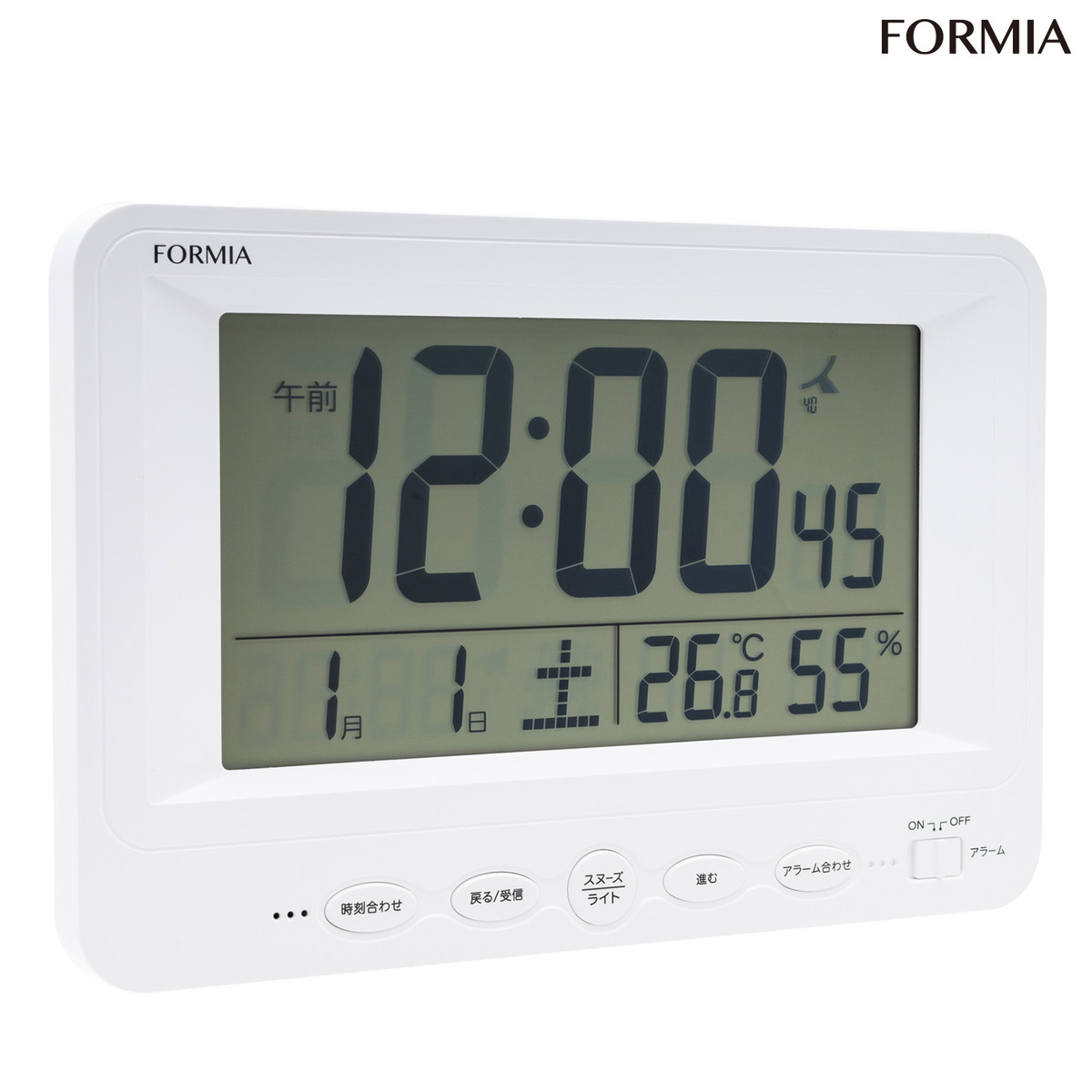 目覚まし時計 電波 置き掛け兼用 デジタル フォルミア ホワイト 白 高さ15.78×幅23×奥行2.8cm スヌーズ 温湿度計 HT-050RC