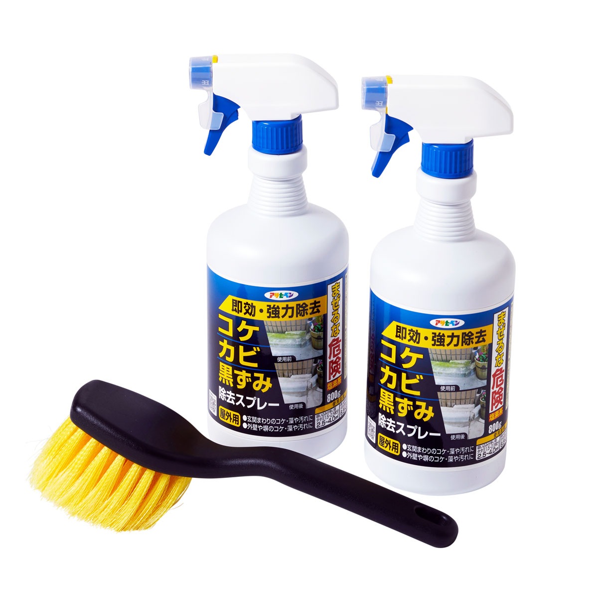 カビ取りスプレー コケ・カビ・黒ずみ除去スプレーセット 800g 2本 ハンディブラシ 1本 アサヒペン 掃除用品 洗浄剤 洗浄スプレー 泡洗浄 コンクリート洗浄 掃除道具 カビ防止 カビ取り剤