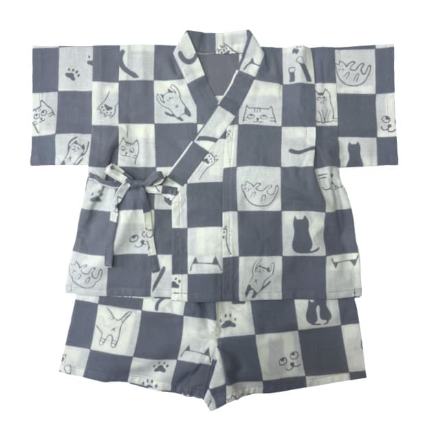 手ぬぐい赤ちゃん甚平「ネコ市松(グレー)」