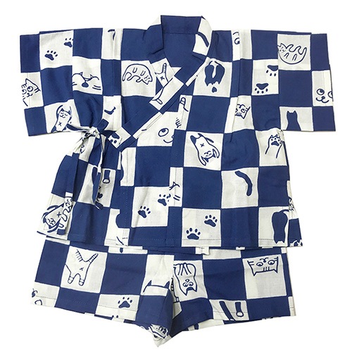 手ぬぐい赤ちゃん甚平「ネコ市松（青）」