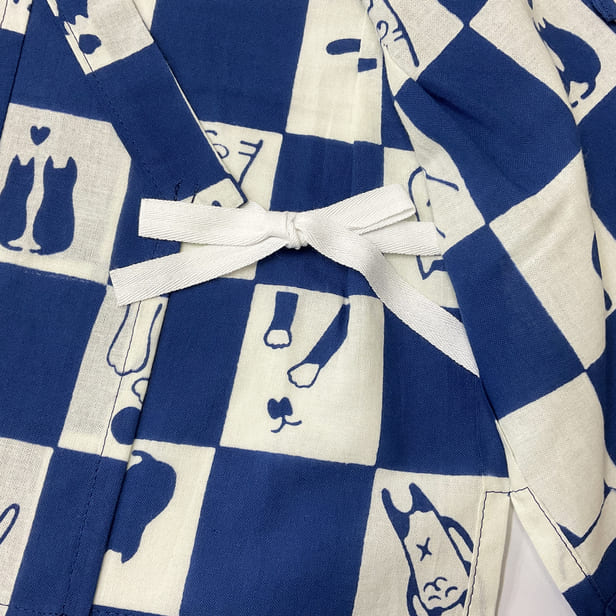 手ぬぐい赤ちゃん甚平「ネコ市松（青）」