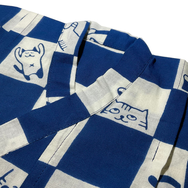 手ぬぐい赤ちゃん甚平「ネコ市松（青）」