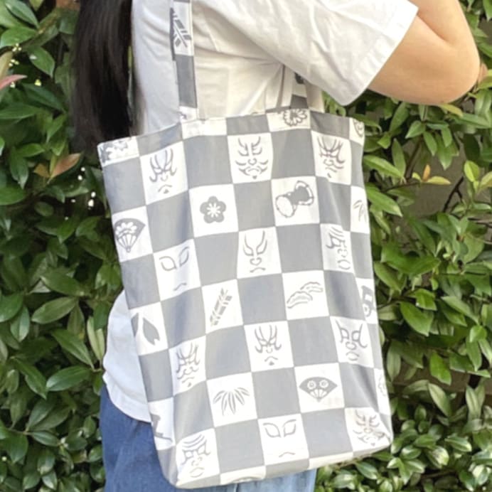 手ぬぐいエコバッグ「隈取市松(グレー)」