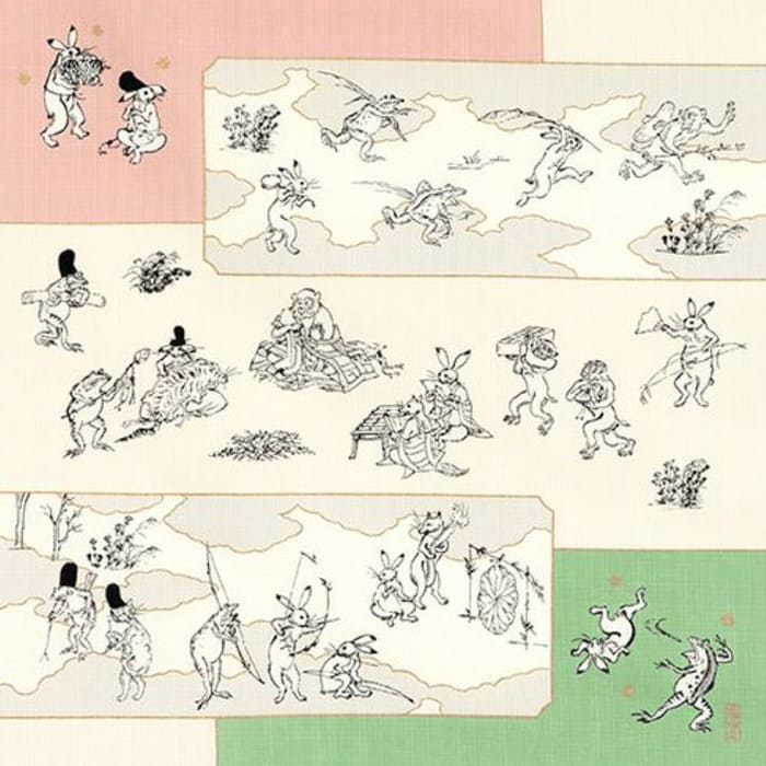 小風呂敷 「鳥獣戯画絵巻（グリーン/ピンク）」