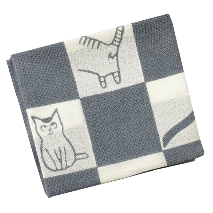 手ぬぐいハンカチ 「ネコ市松（グレー）」