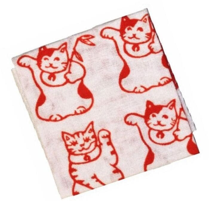 手ぬぐいハンカチ 「招き猫いっぱい(赤)」