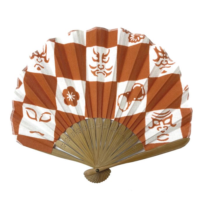 手ぬぐい扇子「隈取市松（柿色）」