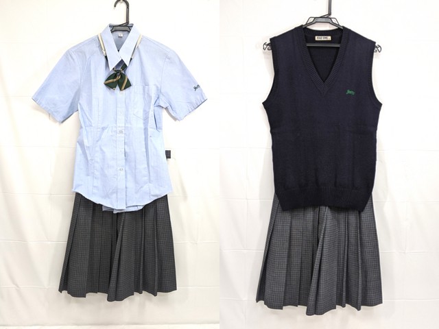 f66 大阪府立成城高校 半袖シャツ+ニットベスト+夏服スカート+リボン/yt2203【7JBV】　