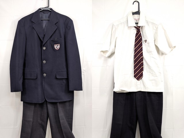 Y21 愛知県 神丘中学校 ブレザー+半袖シャツ+冬服ズボン+ネクタイ/yt2391【9XJV】