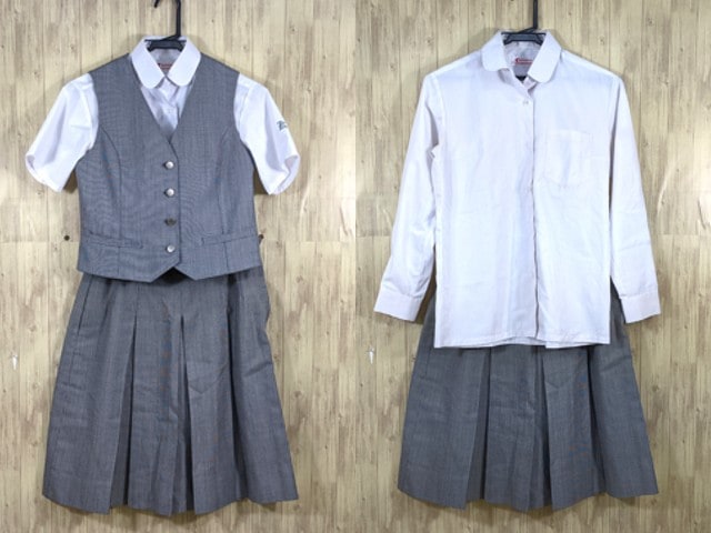q26 千葉県 蔵波中学校 長袖・半袖シャツ+ベスト+サスペンダー付き夏服スカート/yt3560【45WP】