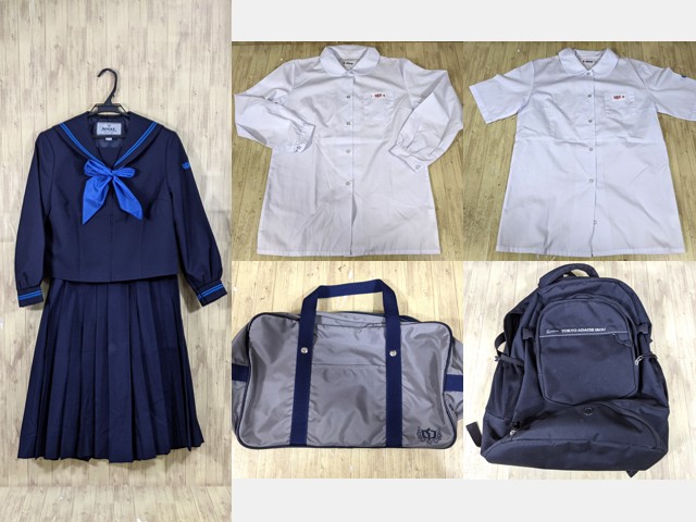 T1825 東京都 伊興中学校 冬服セーラー服+ジャンパースカート+半袖・長袖シャツ+校章+スカーフ+ループタイ+通学用カバン/yt3617【25CKD】