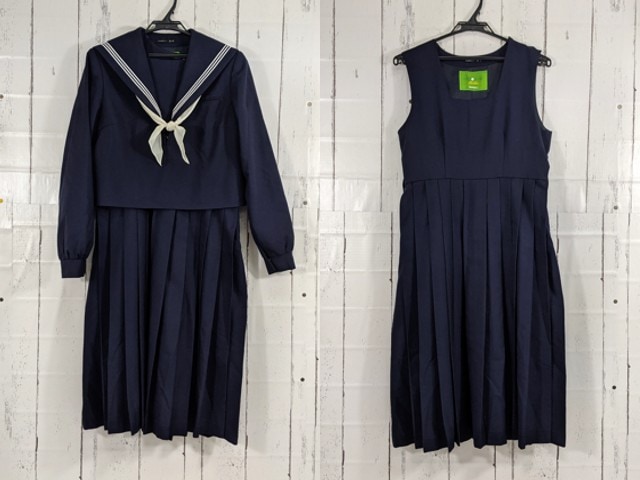 v53 福岡県 那珂中学校 冬服セーラー服+ジャンパースカート+スカーフ/yt3896【8KDV】