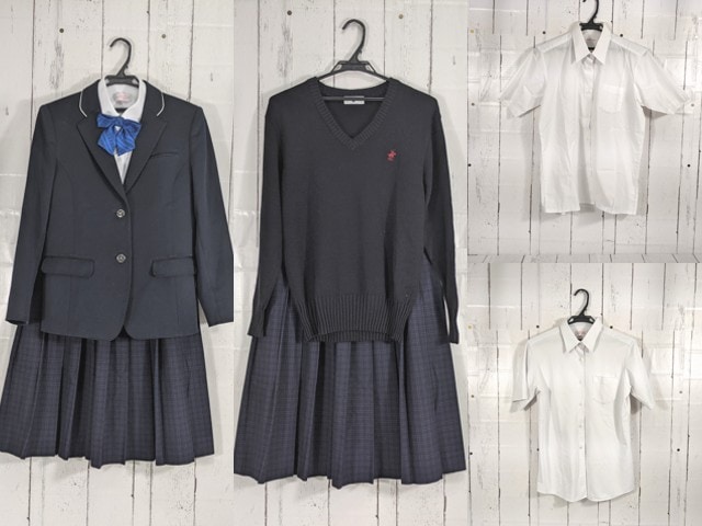 c23 福岡県 香椎第二中学校 ブレザー+ポロシャツ+セーター+夏服・冬服スカート/yt4747【15XEC】