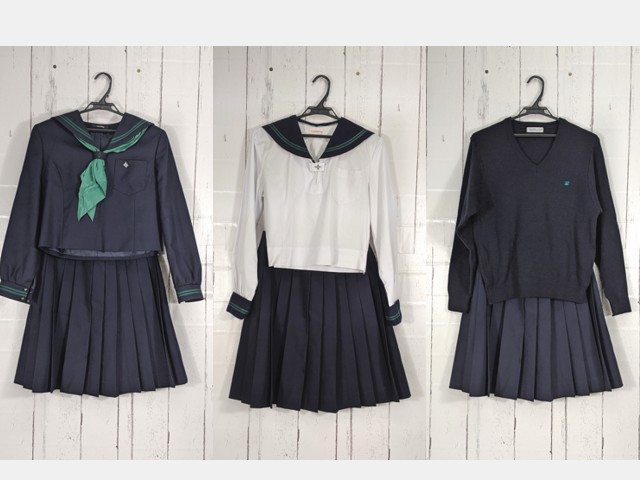 c55 東京都 二松学舎大学附属高校 校章付き冬服・中間服セーラー服+セーター+冬服スカート+スカーフ/yt4773【45XJK】