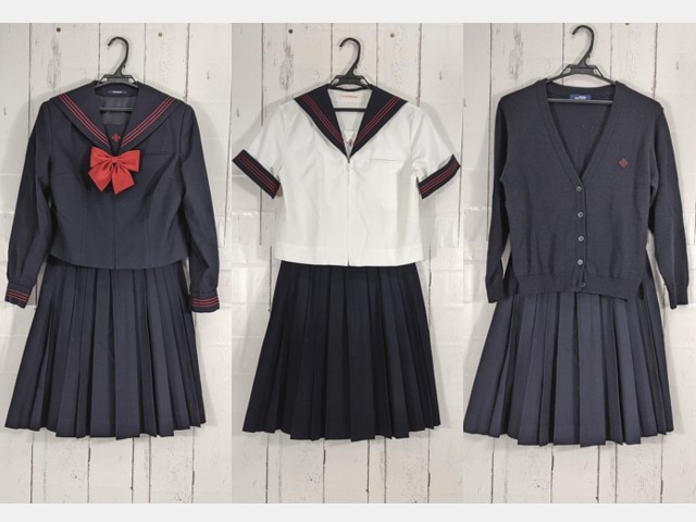 c47 東京都 日本大学豊山女子中学校 冬服セーラー服+カーデガン+夏服・冬服スカート+リボン/yt4810【3XKEW】