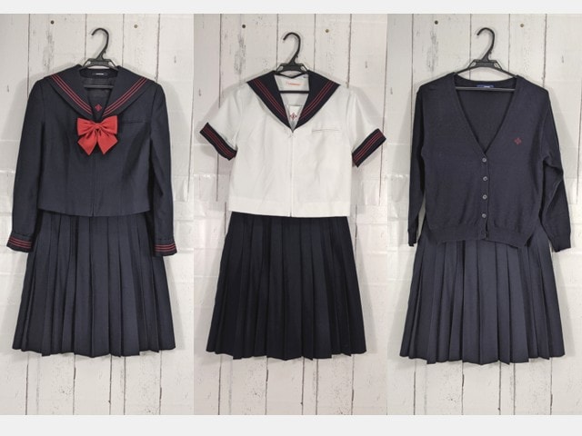 c47 東京都 日本大学豊山女子中学校 冬服・夏服セーラー服+カーデガン+冬服・夏服スカート+リボン/yt4812【3XJEC】