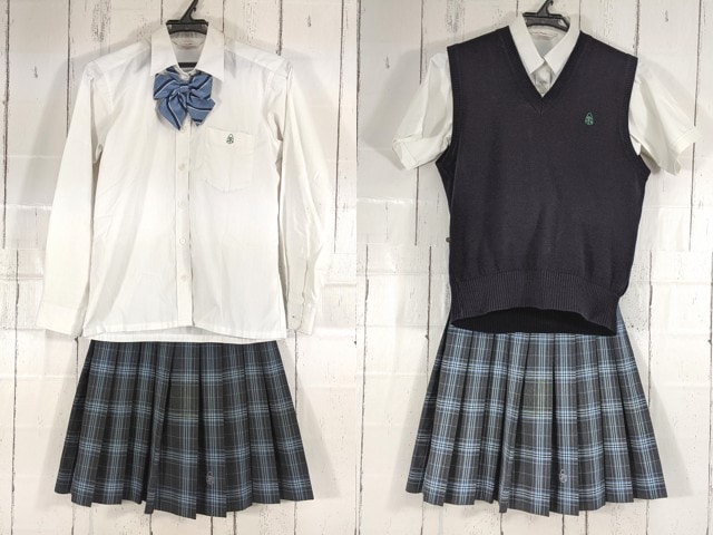 d16 神奈川県 横浜翠陵高校 ニットベスト+半袖カッターシャツ+夏服スカート+リボン/yt4895【15DKE】