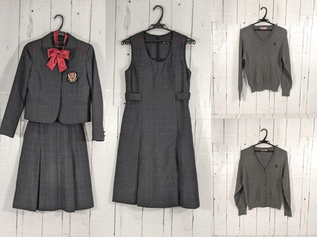 d18 熊本県 九州学院中学校 ブレザー+セーター+ジャンパースカート+夏服スカート+リボン/yt4901【1DECZA】