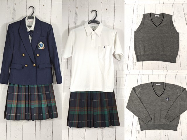 d33 大阪府 関西創価高校 ブレザー+セーター+半袖ポロシャツ+ニットベスト+長袖シャツ+冬服スカート+リボン/yt4923【3CJEC】