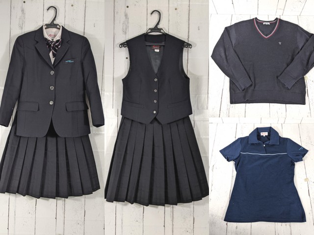 d49 東京都市大学等々力中学校 ブレザー+ベスト+半袖ポロシャツ+長袖シャツ+冬服スカート+リボン/yt4935【25XKE】