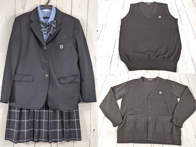 e22 北海道札幌新陽高校 ブレザー+ニットベスト+カーデガン+長袖シャツ+冬服スカート+リボン/yt5132【3CJEC】