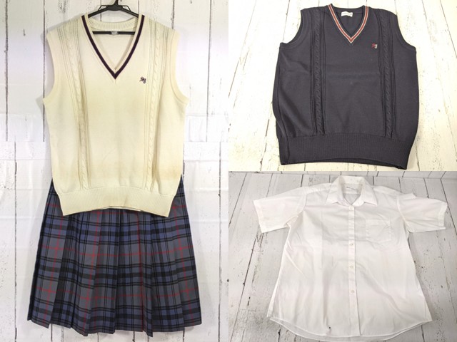 n22 茨城県 水城高等学校 半袖カッターシャツ+ニットベスト+夏服スカート/yt7046【15KEC】