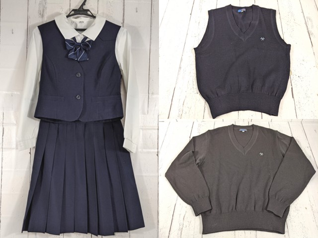 d70 東京都立白?貎高校 セーター+長袖シャツ+ニットベスト+夏服スカート+リボン/yt4980【3CJME】