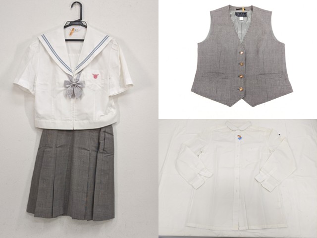 f24 秋田県湯沢商工高校 夏服セーラー服 170 大きめ+長袖シャツ+ベスト+夏服スカート+リボン/yt2125【11BVR】