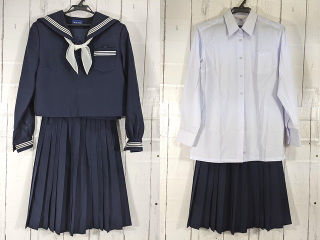 e44 兵庫県 双葉中学校 旧タイプ 冬服セーラー服+長袖シャツ+冬服・夏服スカート+スカーフ/yt5135【1CLDC】