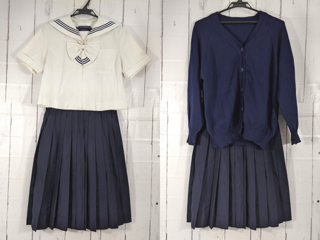 e43 北海道 藤女子中学校 リボン付夏服セーラー服+カーデガン+夏服スカート/yt5138【2XKEC】