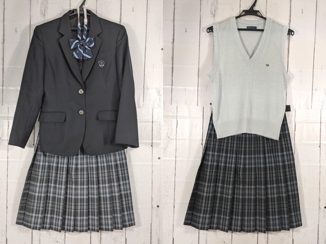 e04 東京都清瀬市立第四中学校 ブレザー+ニットベスト+冬服スカート+リボン/yt5075【22XJE】