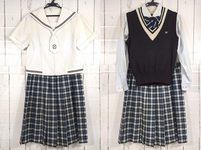 y65 長崎県 九州文化学園高校 ネクタイ付夏服ブラウス+ニットベスト+夏服スカート+リボン/yt4250【25WPF】