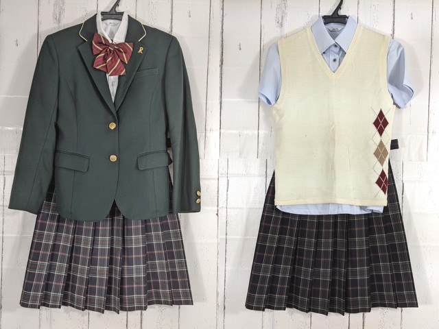 c37 京都府 立命館宇治高校 ブレザー+半袖シャツ+ニットベスト+冬服スカート+リボン/yt4726【4EKCV】