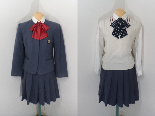 T285 熊本県有明高等学校 冬服ブレザー+ニットベスト+スカート+リボン 