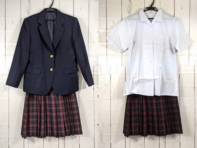 w99 広島県 美木中学校 校章+ブレザー+半袖シャツ+冬服・夏服スカート 