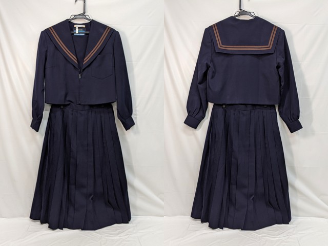 m44/中学校・高校□冬セーラー服 9号 上下セット 茶色2本線