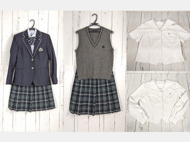c91 鹿児島県 鹿児島高校 校章付きブレザー+ニットベスト+夏服セーラー服+長袖シャツ+冬服スカート+リボン/yt4832【3WOPC】