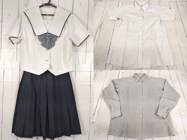 i49 福島県 平商業高校 夏服ブラウス+カッターシャツ+夏服スカート+リボン/yt7005