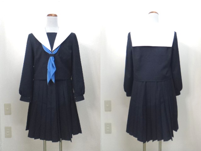 e48/名古屋市立高針台中学校□冬セーラー服 160A 上下+リボン/og0206