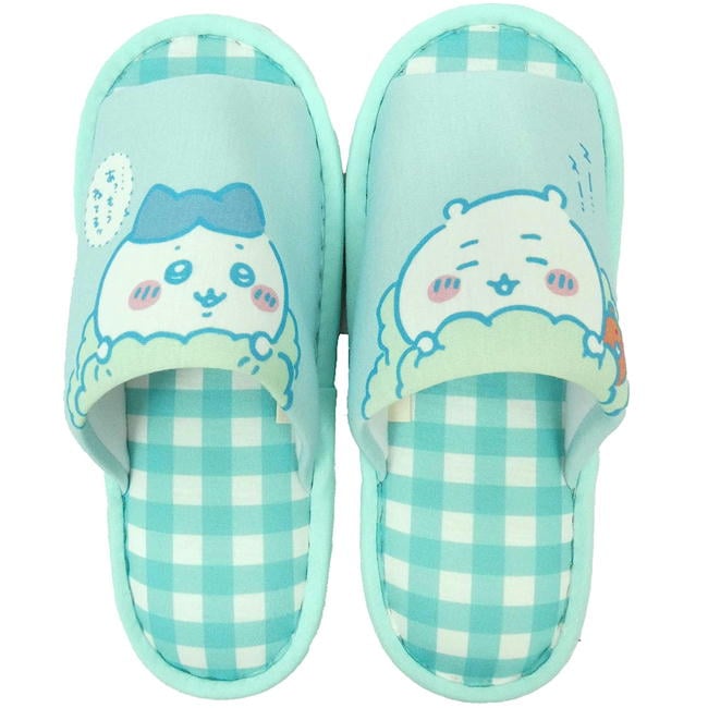 ちいかわ ハチワレ オープンスリッパ ドット ギンガムチェック 飛馬日本 キャラクタースリッパ 前開き 23-25cm